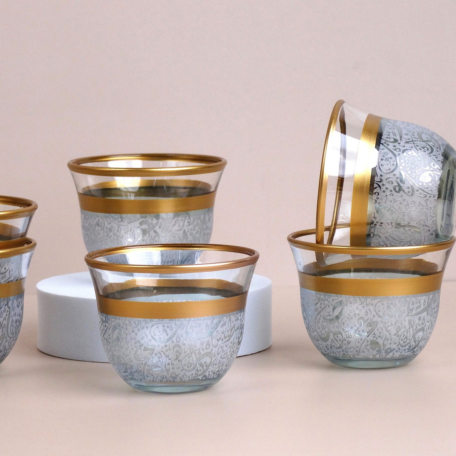 مجموعة فناجين قهوة عربية كريستال تركي بنقوش حروف عربية – ٦ قطع