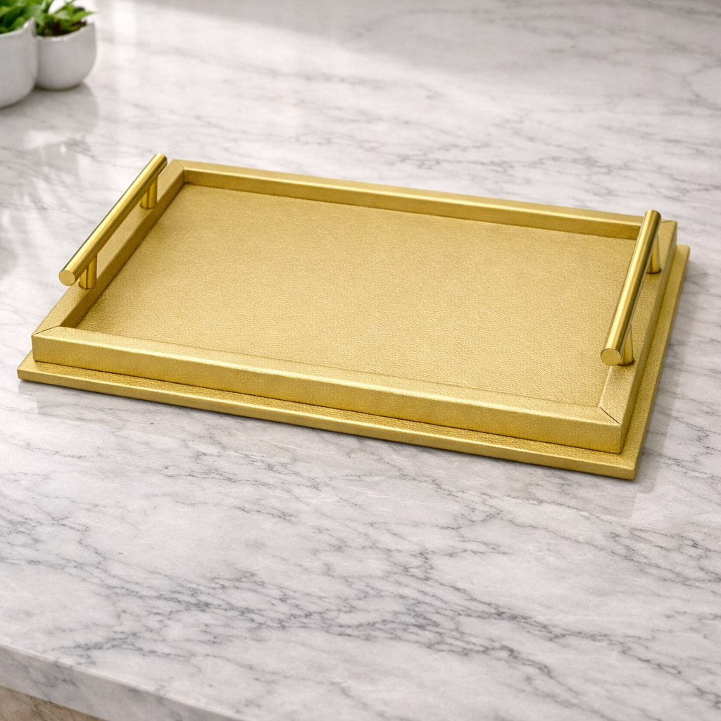Gold Leather serving tray with metal handles – 45 x 31 cm