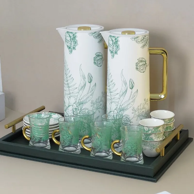 طقم ضيافة بنقوش زهرية 21 قطعة أخضر