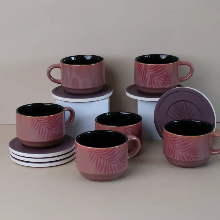 طقم أكواب نيسكافيه وحليب 200 مل 12 قطعة لون طوبي بنقشة أوراق