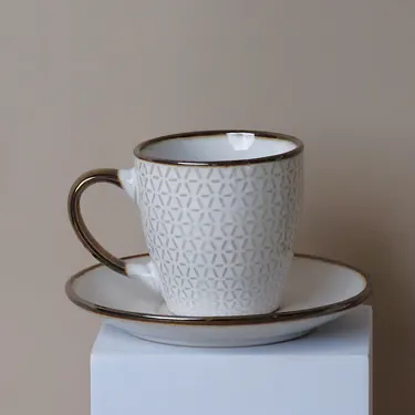 طقم قهوة تركية إيفوري نقشة هندسية بحواف ذهبي معتّق 12 قطعة (3)